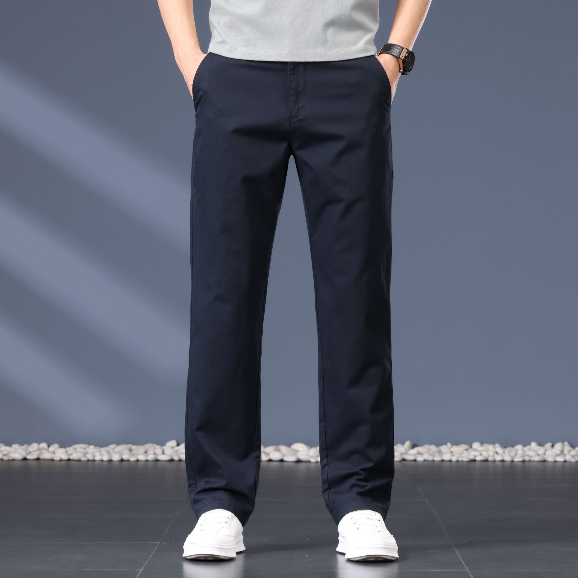 老爷车夏季薄款纯棉男士简约休闲裤男宽松高腰直筒长裤子