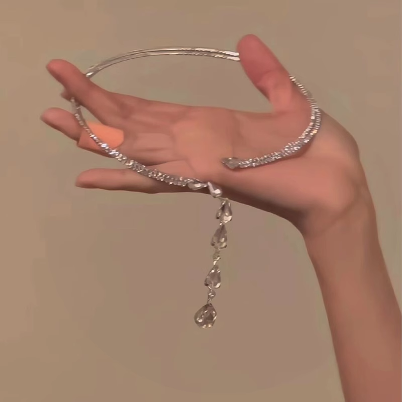 铜合金项链 甜酷风爆闪双层水滴流苏项链轻奢时尚精致设计锁骨链