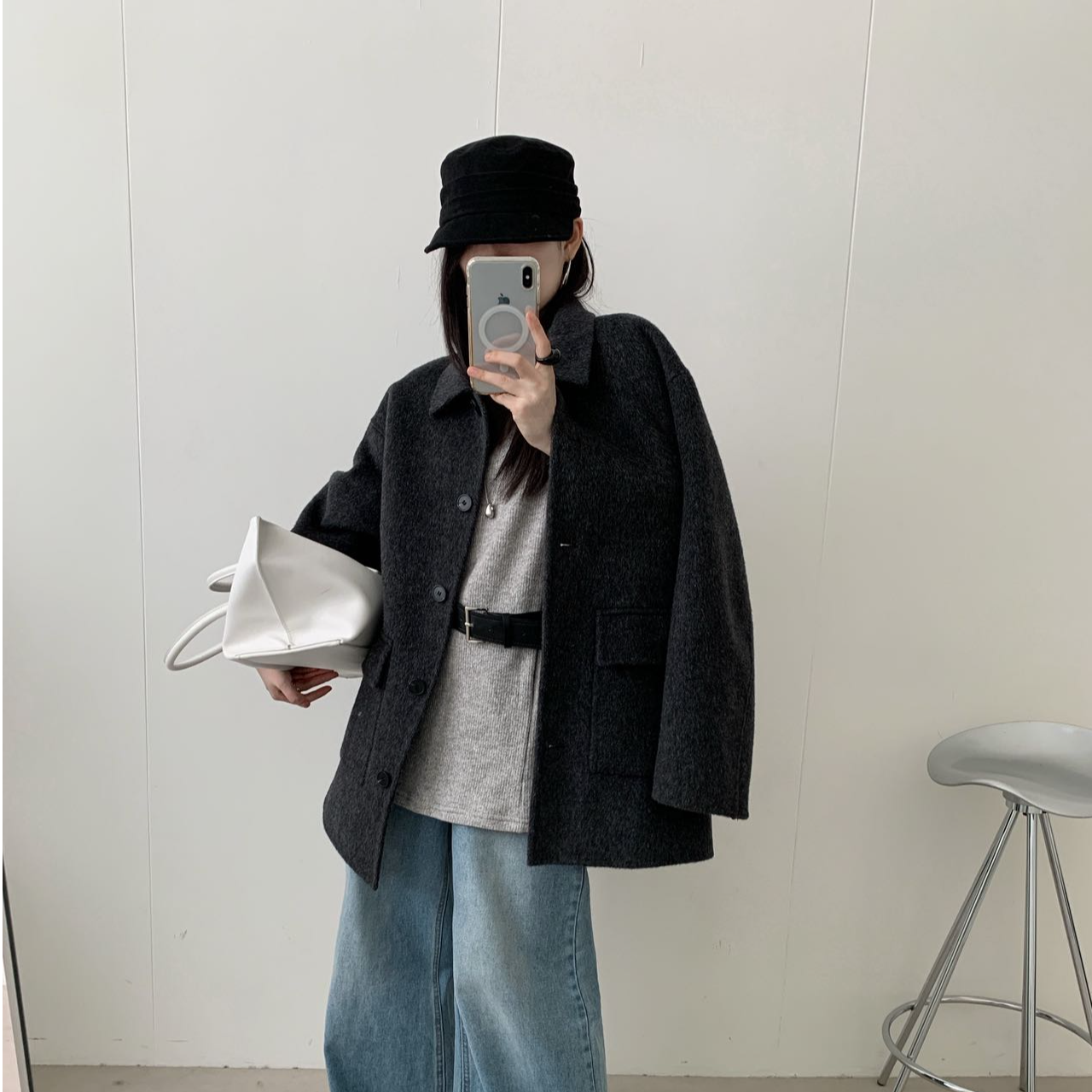 纯色女休闲风加厚毛呢外套牛仔秋季百搭韩版直下摆