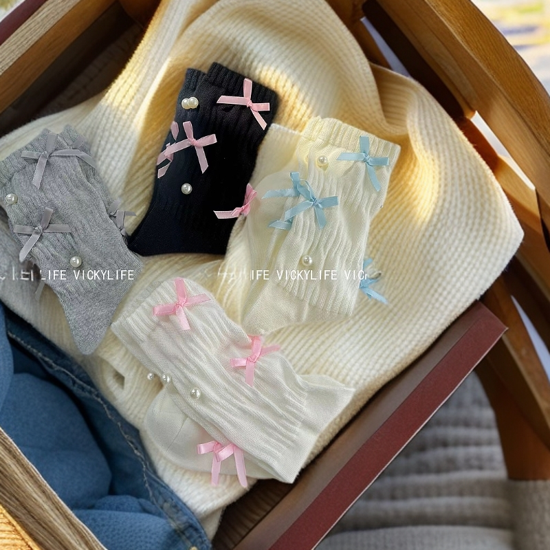 袜子—芭蕾风白色蝴蝶结女士中筒棉袜可爱潮流ins四季百搭吸湿排汗