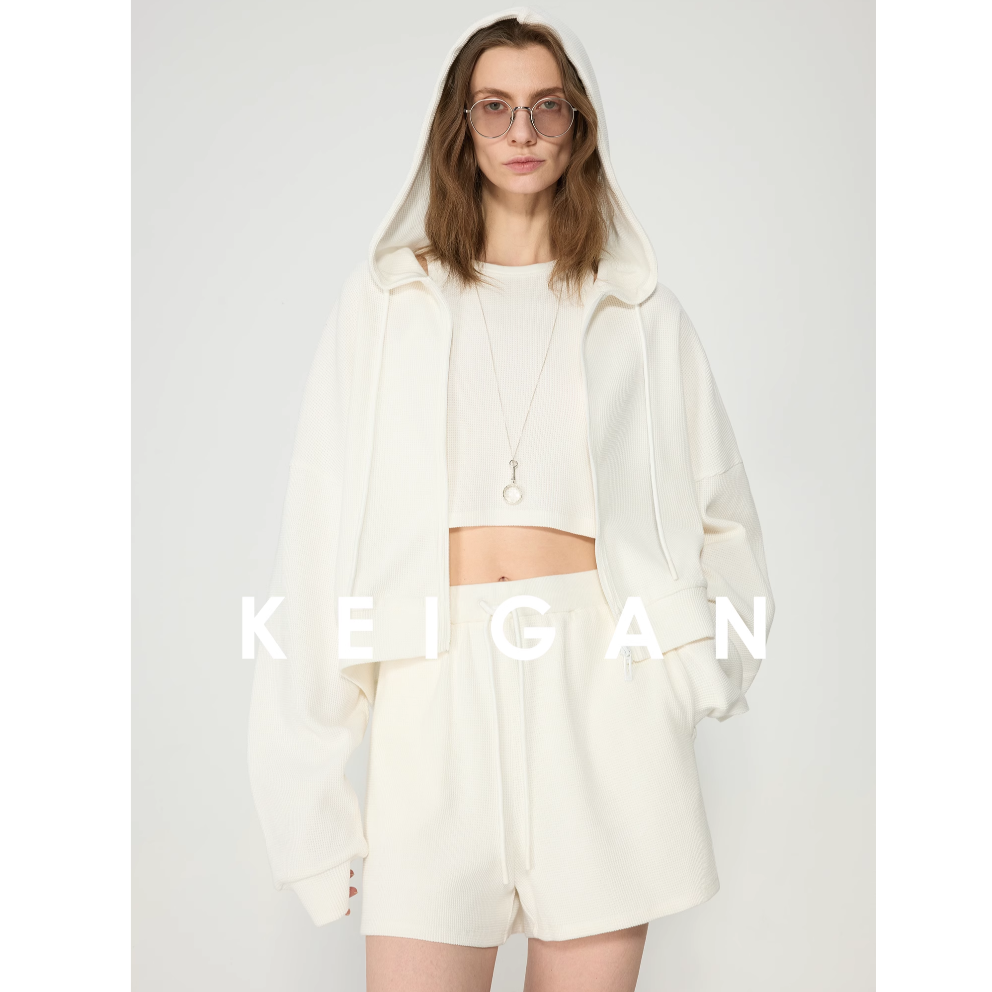 开间/强推韩国进口轻薄舒适华夫格宽松廓形连帽开衫运动3件套