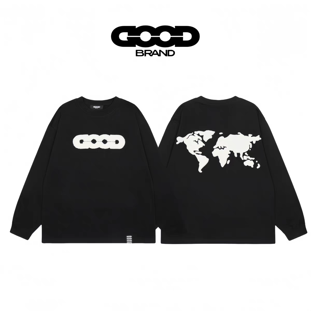 GOODBRAND 地球提花湿毛巾绣圆领长袖T恤秋冬打底衫 男女同款黑色