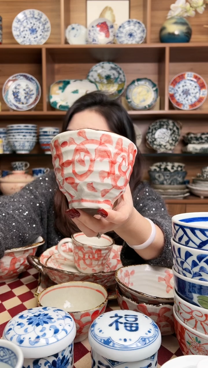 【闪购商品】瓷片章鱼唐草 井型饭碗 （赤）