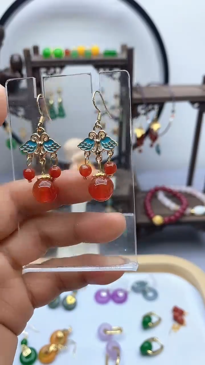 南红玛瑙14K金镶嵌耳饰132