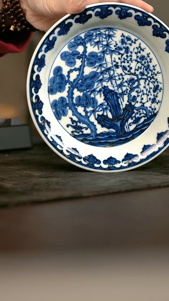 手绘手绘高温现代瓷 气  松竹梅壶承17.5cm
