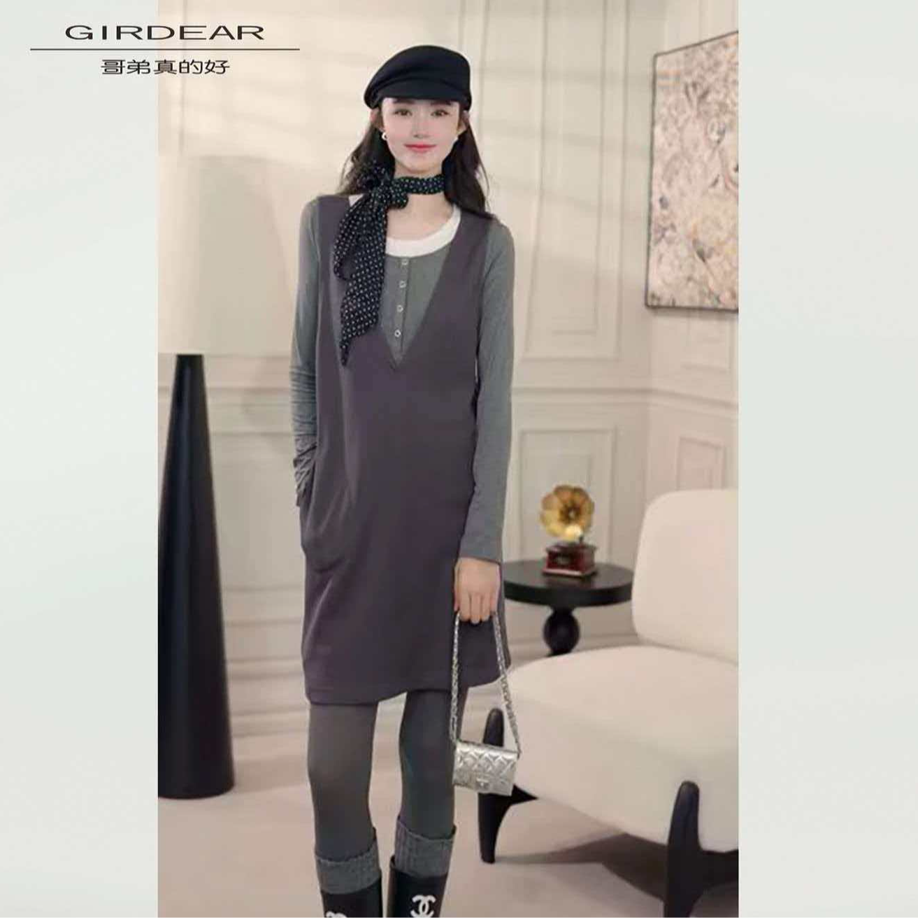 GIRDEAR/哥弟真的好气质高级设计感显瘦v领无袖背心连衣裙850008