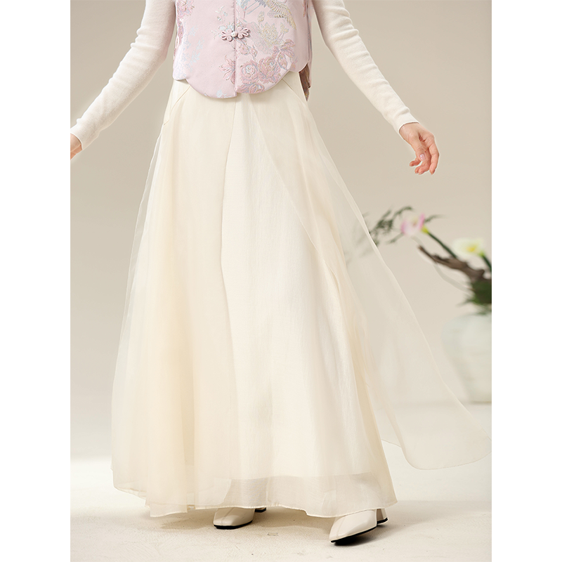 初蝉飘逸网纱秋冬新中式国风百搭优雅气质仙女白色半身裙1010