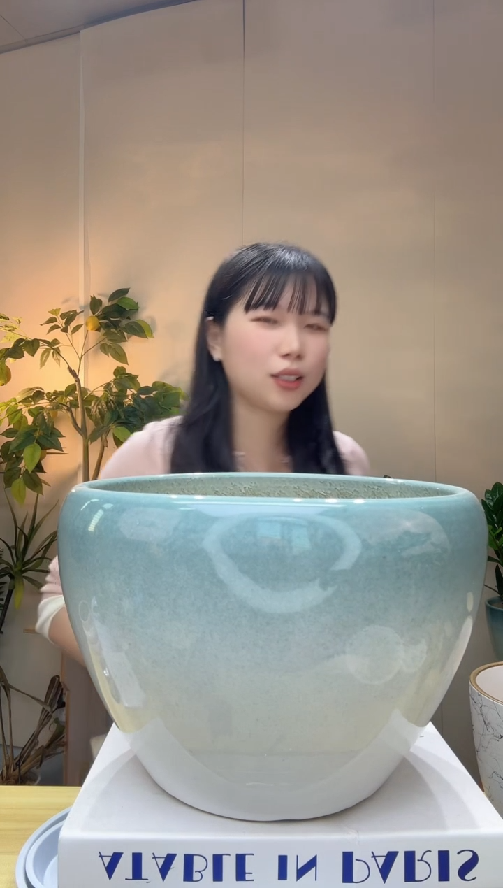 陶瓷花盆 渐变绿 苹果盆 特大号 口径26/高度19