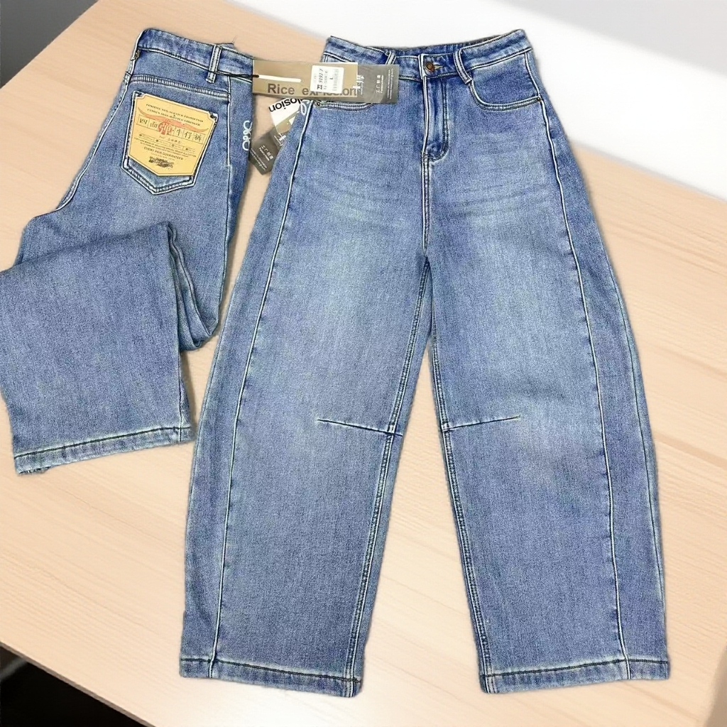 浅色加绒加厚气球裤宽松阔腿裤高腰弯刀裤女款牛仔裤子冬季9193