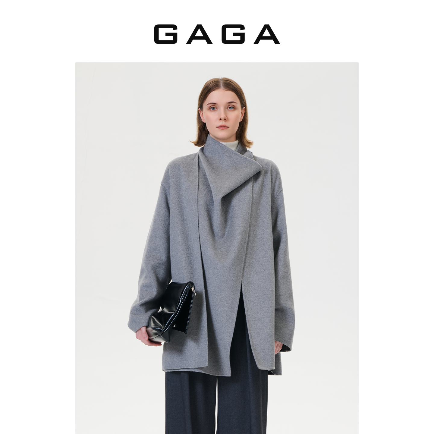 GAGA品牌女装秋季新款保暖法式围脖堆堆领短款羊绒大衣G54Q52002