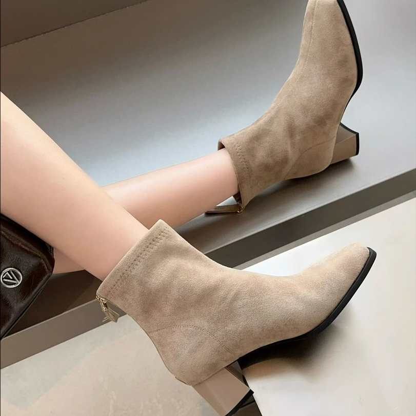 DA006【+运费补贴】韩系气质方头后拉链踝靴粗跟瘦瘦短靴女秋冬薄绒