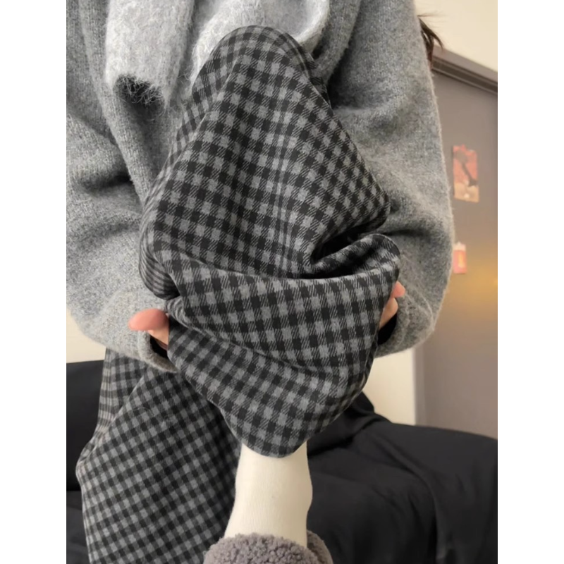 300斤胖mm特大码格子裤秋冬加厚薄绒高腰针织休闲窄版直筒阔腿裤