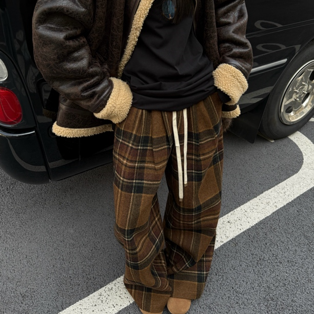HELLOTANGO《复古摩登》小众秋冬复古百搭格纹休闲裤23845-1#