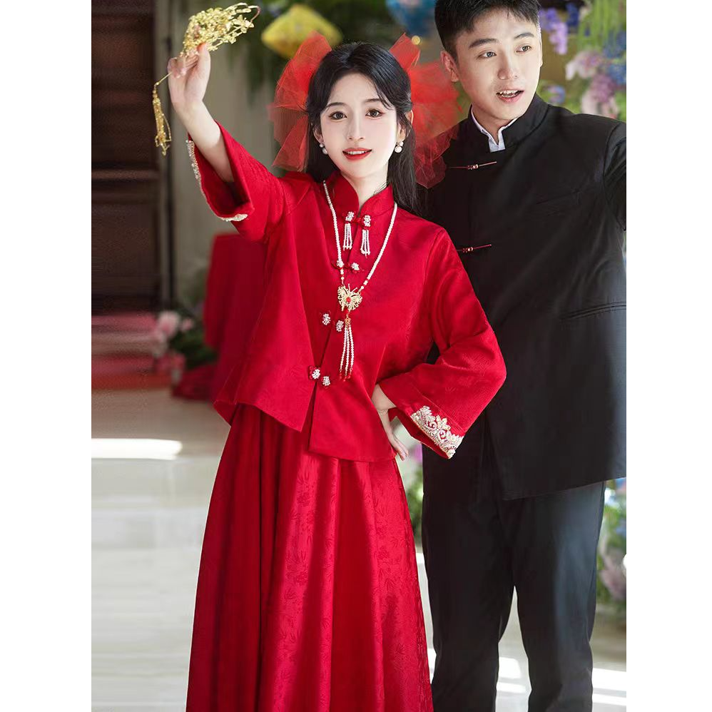 2025新款新娘旗袍敬酒服回门酒红色两件套新中式结婚订婚礼服裙女