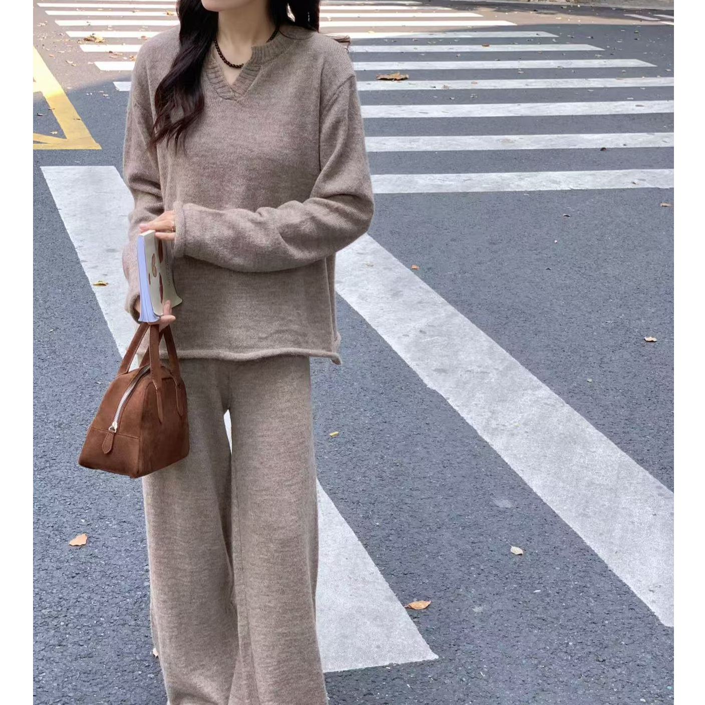 【北北专属-8030】新款v领针织套装慵懒风休闲时尚毛衣阔腿裤两件套