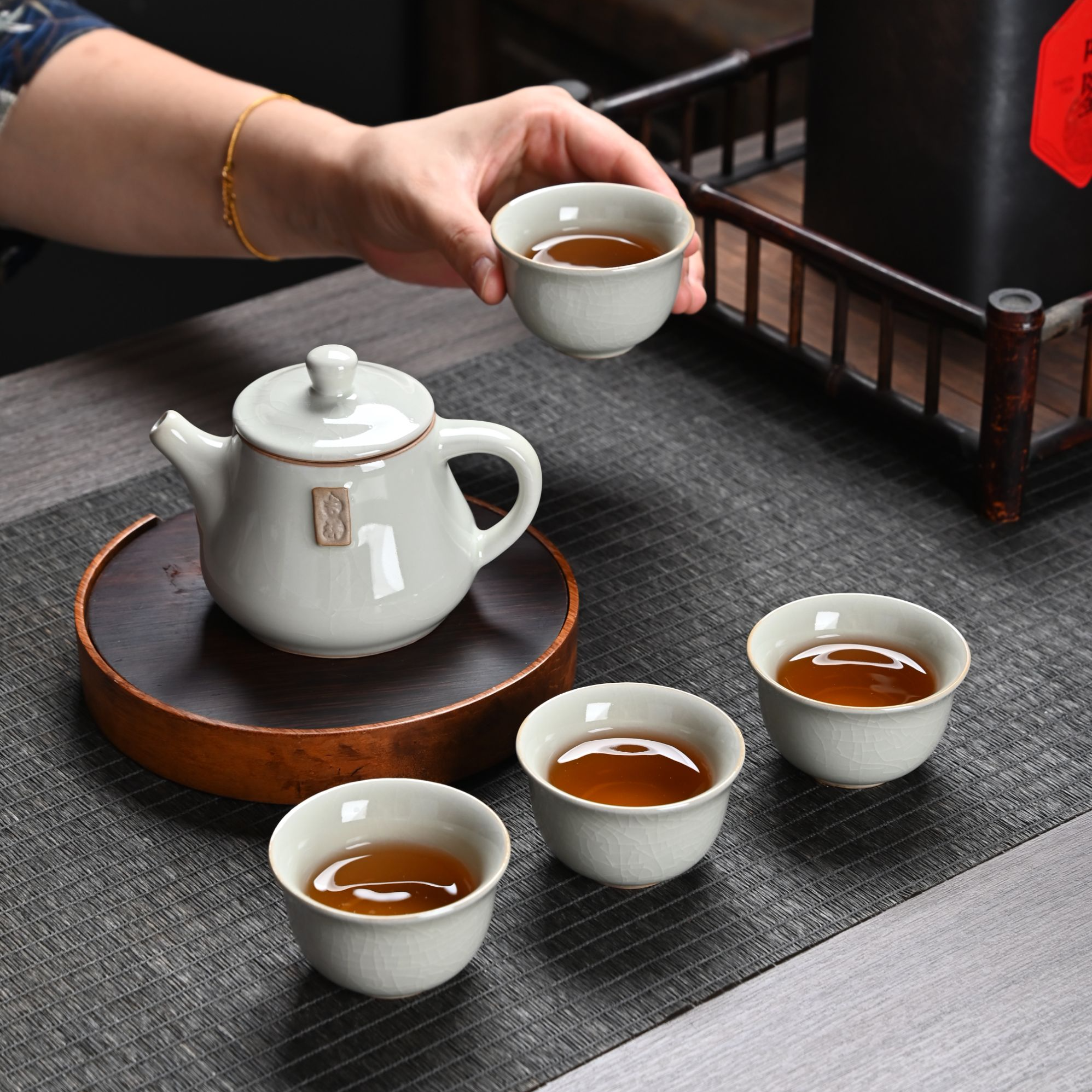 新式哥窑吉祥1壶4杯陶瓷家用茶壶-0166