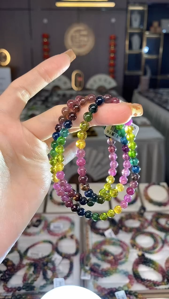 未镶嵌老矿碧玺色标彩虹三圈手串5mm+碧玺dan多样性发货一条