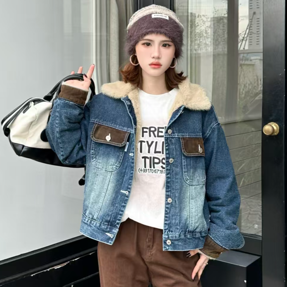 C26常规休闲冬季加绒加厚款牛仔短外套时尚撞色拼接韩版百搭上衣