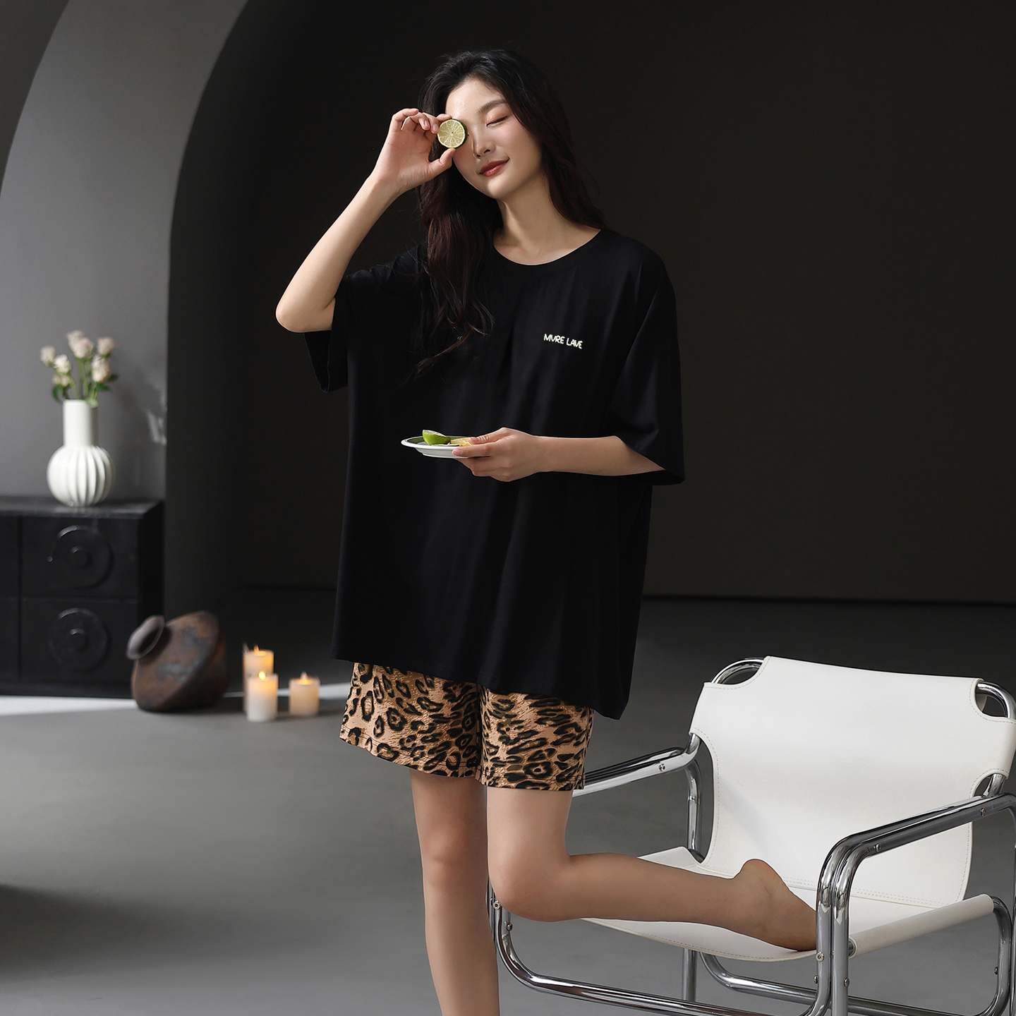 夏季女士睡衣短袖豹纹短裤大码时尚休闲韩版家居服套装33273