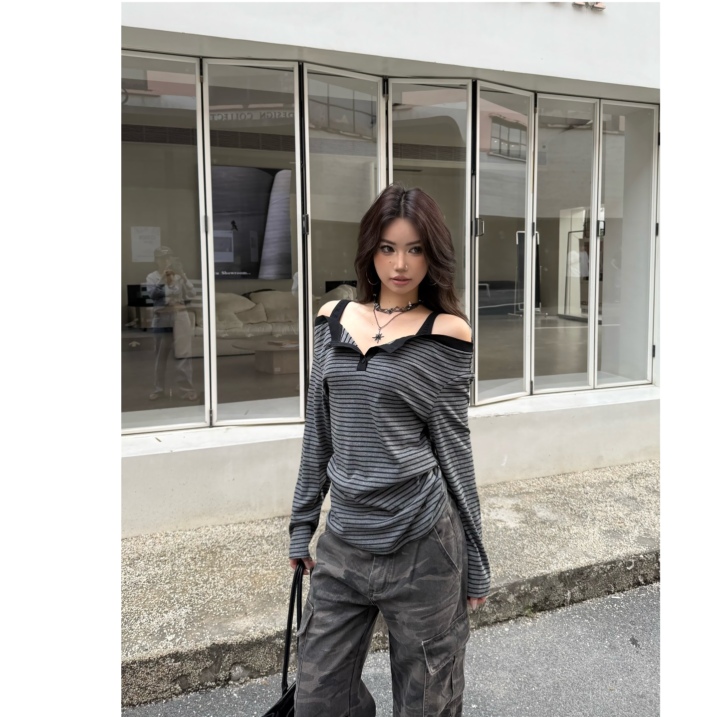 美式基础款休闲吊带露肩横条纹修身长袖T恤显瘦女ins上衣B1638