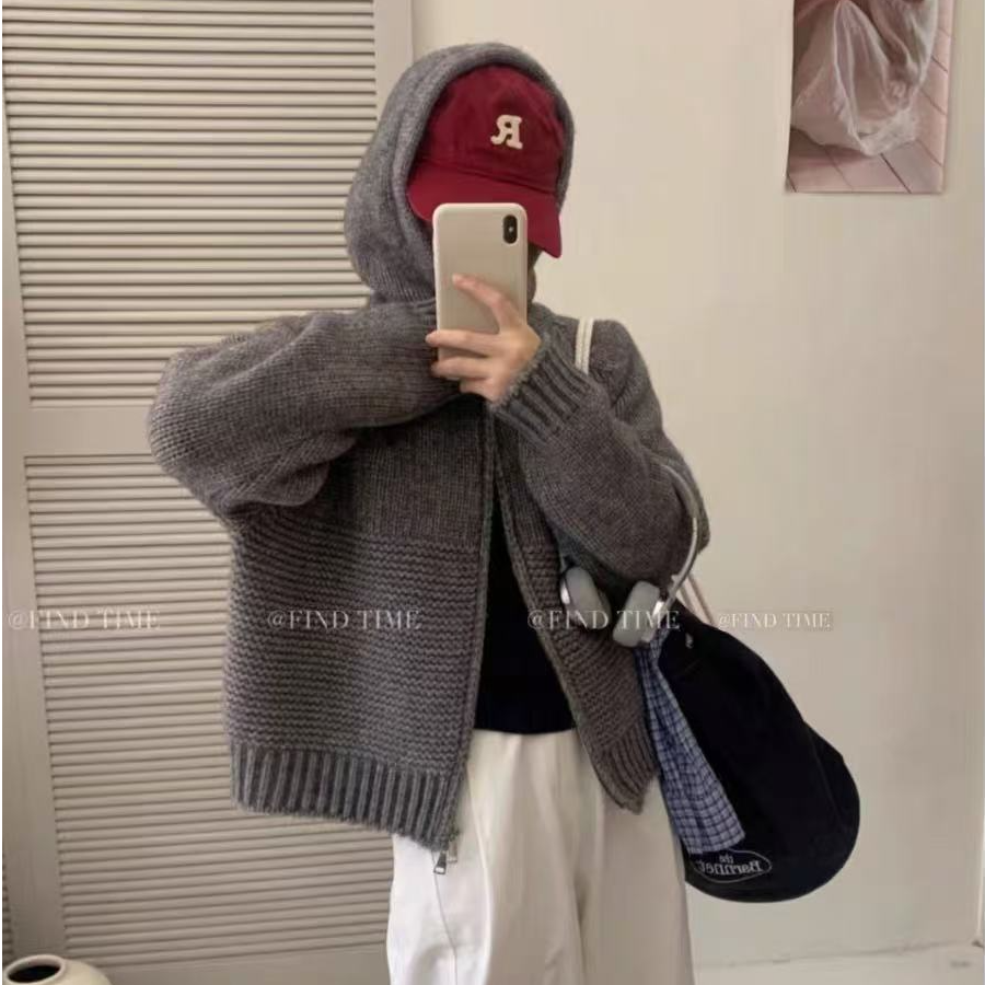韩系休闲波浪纹双拉链连帽毛衣外套女秋冬宽松显瘦加厚针织开衫潮