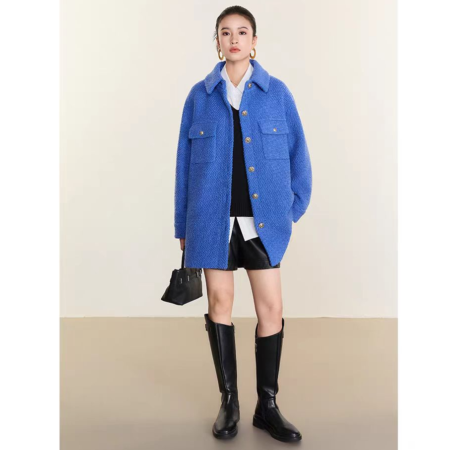 绵羊毛英伦风绵羊毛时尚双排扣中长款外套Y421307341