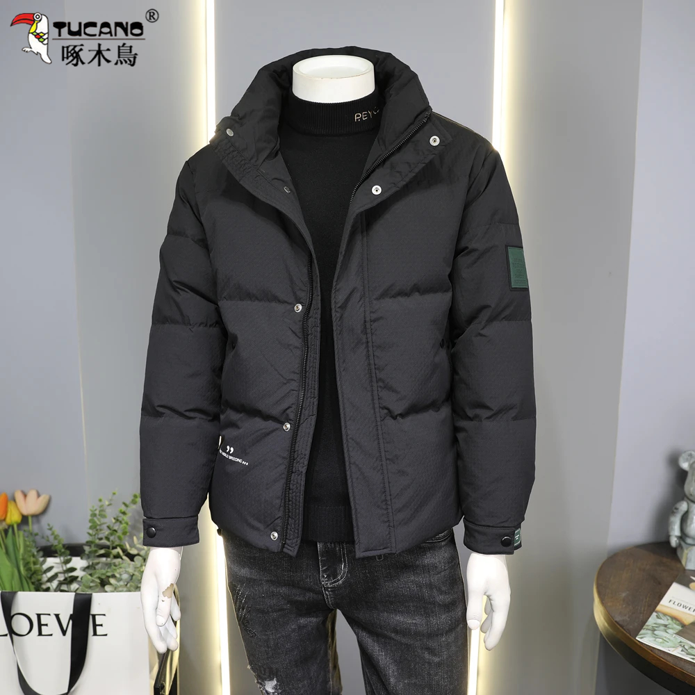啄木鳥冬季短款保暖白鸭绒羽绒服男士时尚潮牌工装休闲立领外套男