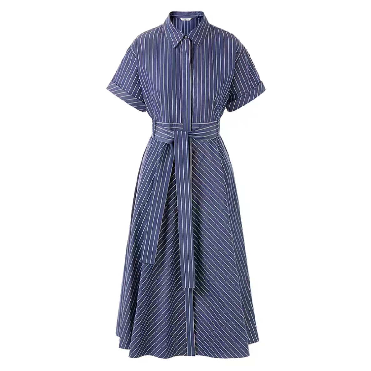 H156【朗】夏季新款纯棉条纹法式衬衫连衣裙女短袖中长款裙子