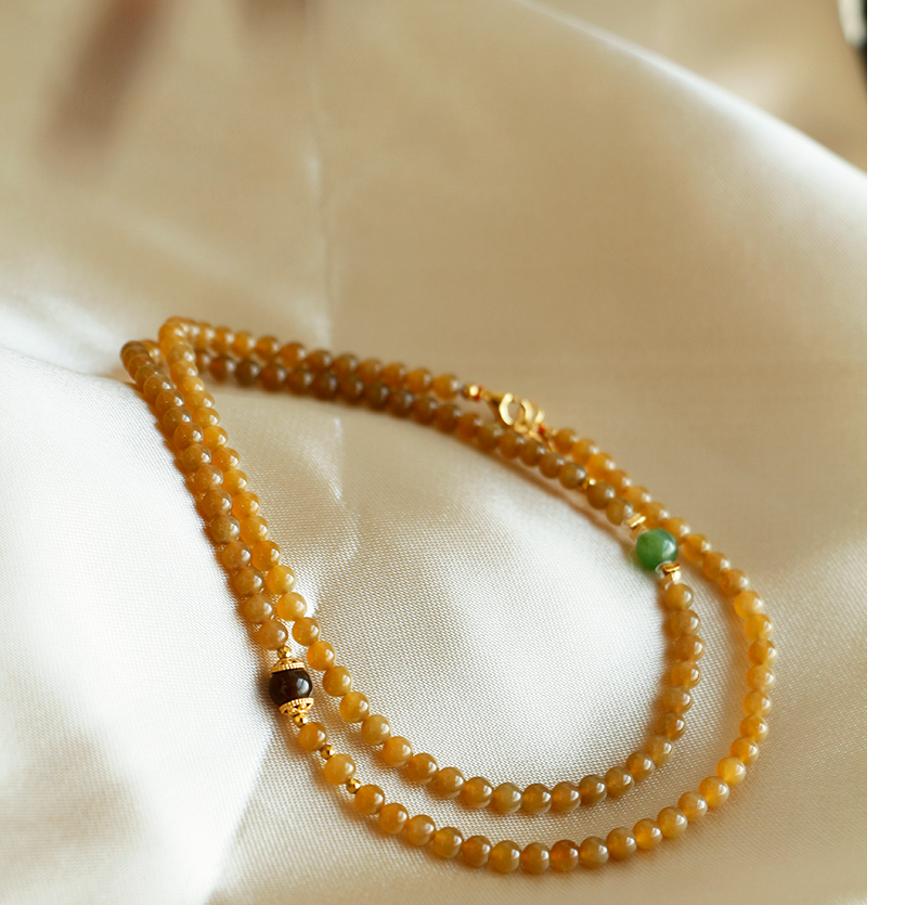 天然和田玉且末糖黄金糖 全品多圈手串项链4mm 周长53mm
