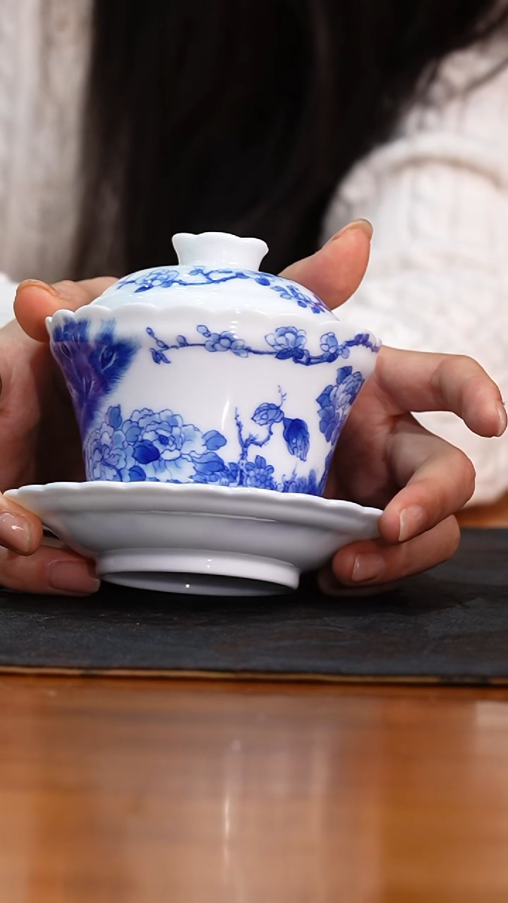 瓷瓷姑娘铭墨朗谷孔雀三才盖碗