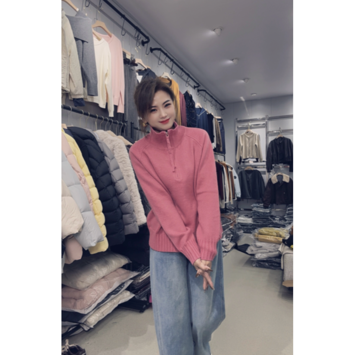 艳艳精选~糖果色系超时尚高领半开毛衣