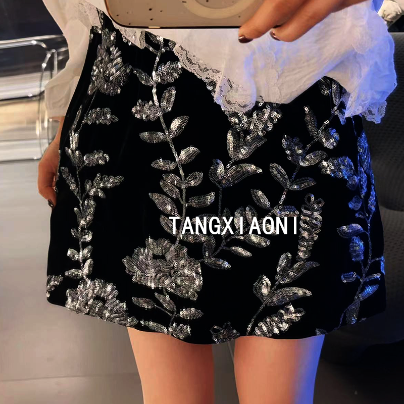 订单出【闪银黑】树叶花半裙