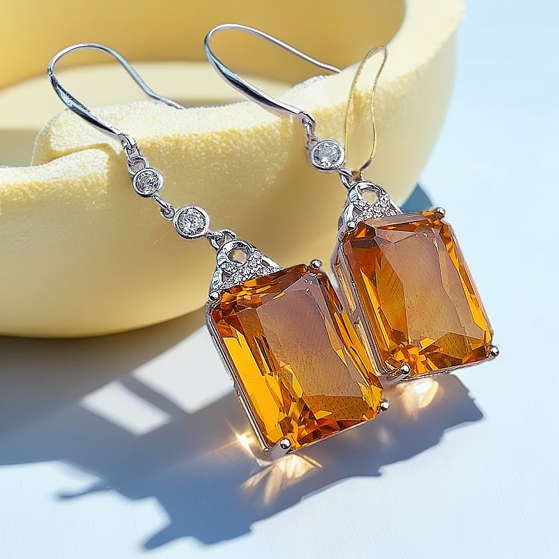 天然S925银镶黄水晶方形耳坠主石12*16尺寸