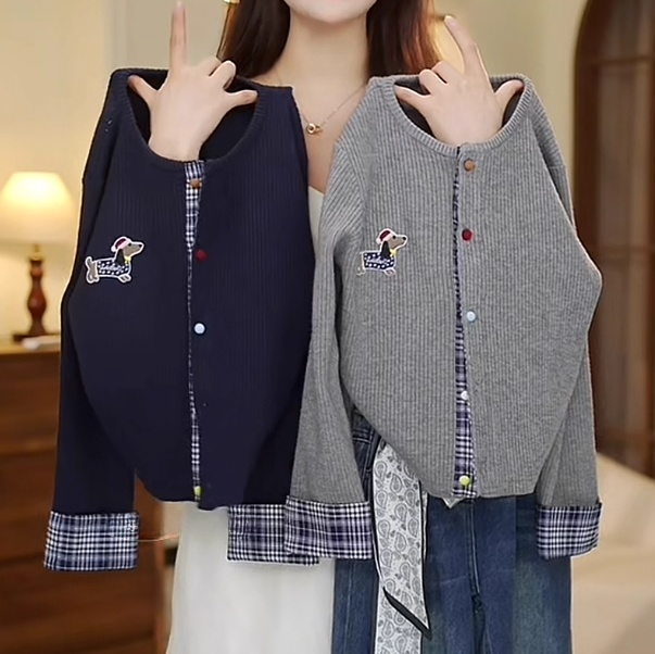 女童针织开衫2025新款春秋款韩版卡通洋气格子拼接毛线衣百搭外套