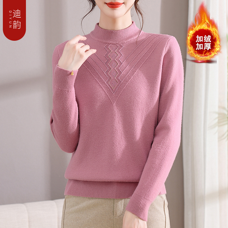 妈妈装秋冬加绒加厚毛衣上衣时尚新款打底衫中老年女装洋气针织衫