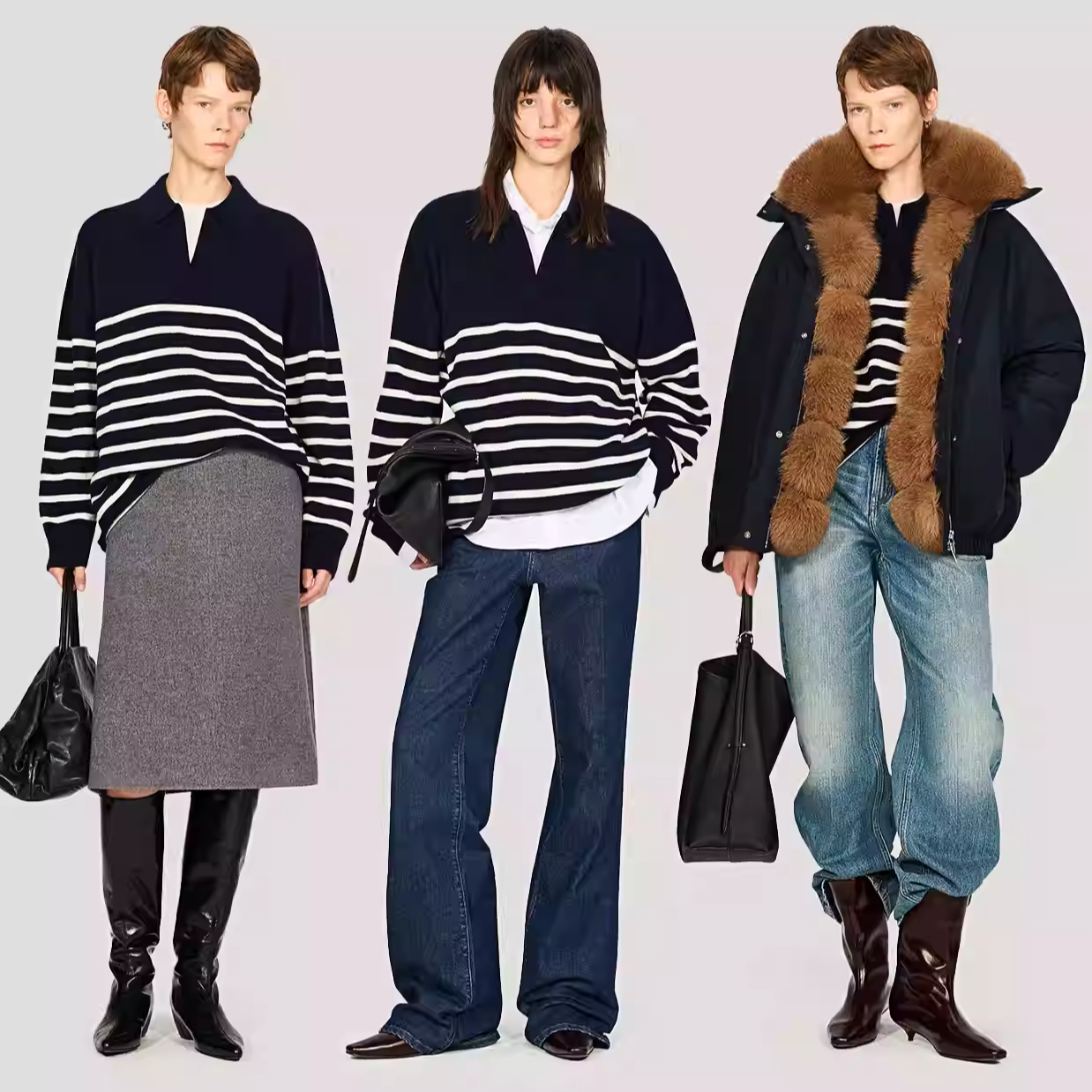 KEIGAN/开间叠穿神器宽松慵懒纯色&撞色条纹时髦落肩POLO领套衫