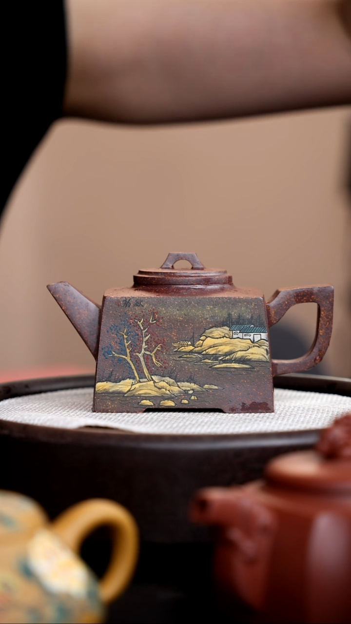 茶壶紫砂高温烧升方彩刻山水