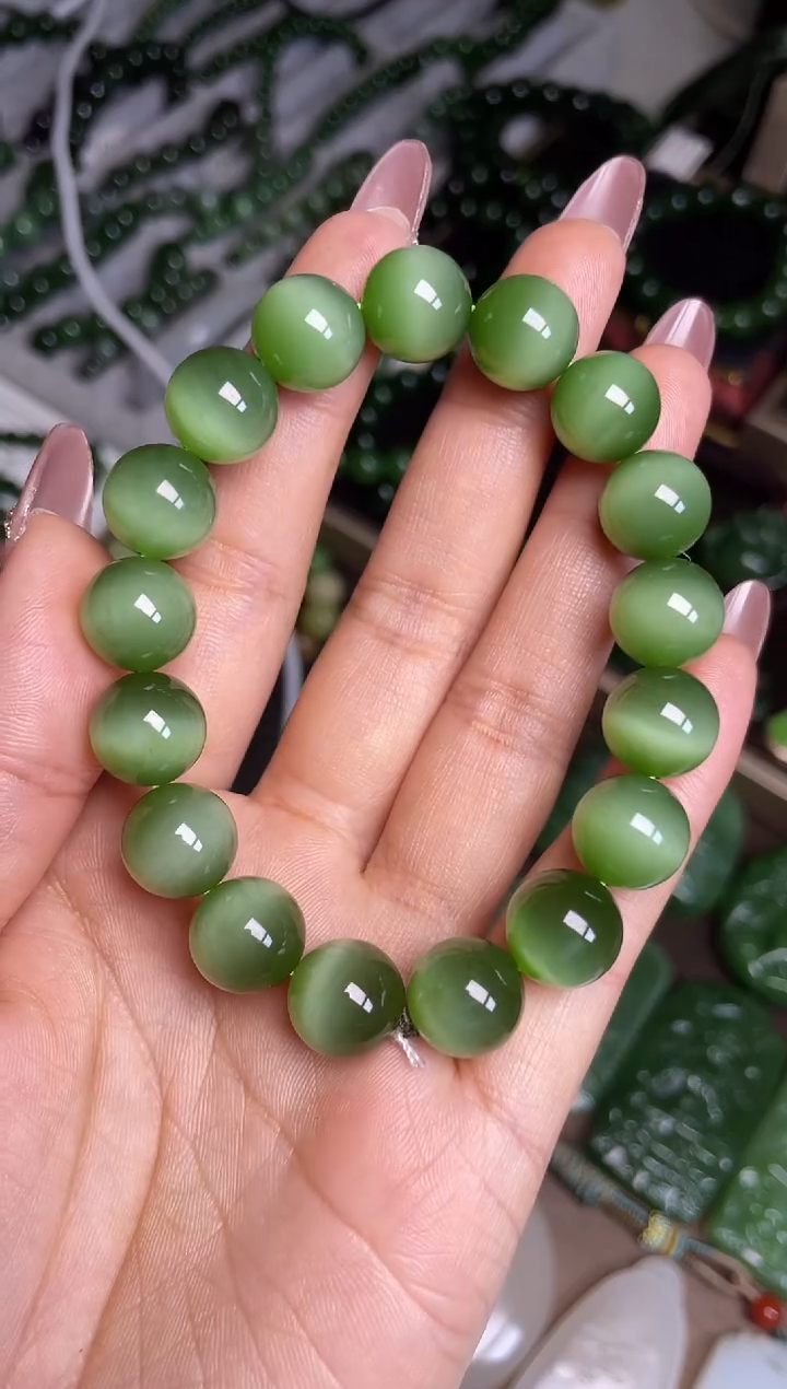 【闪购商品】和田玉手串珠子直径12未镶嵌猫眼