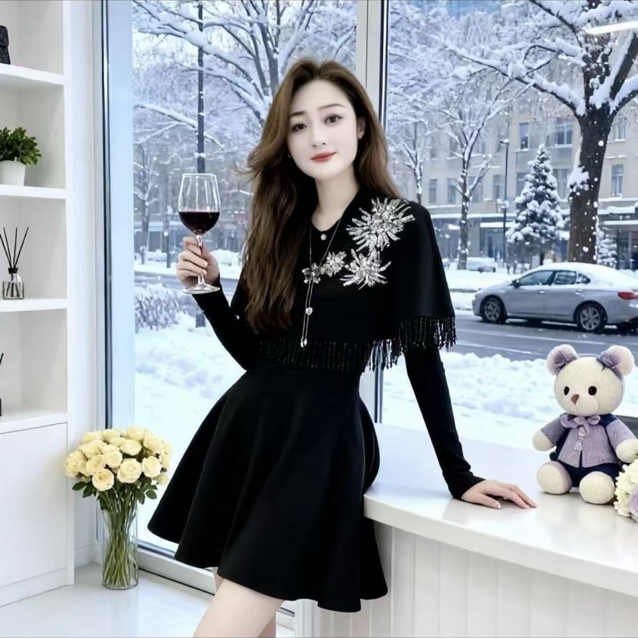 【沐沐家】大码冬季时尚洋气重工披肩斗篷拼接连衣裙显瘦遮肉轻奢