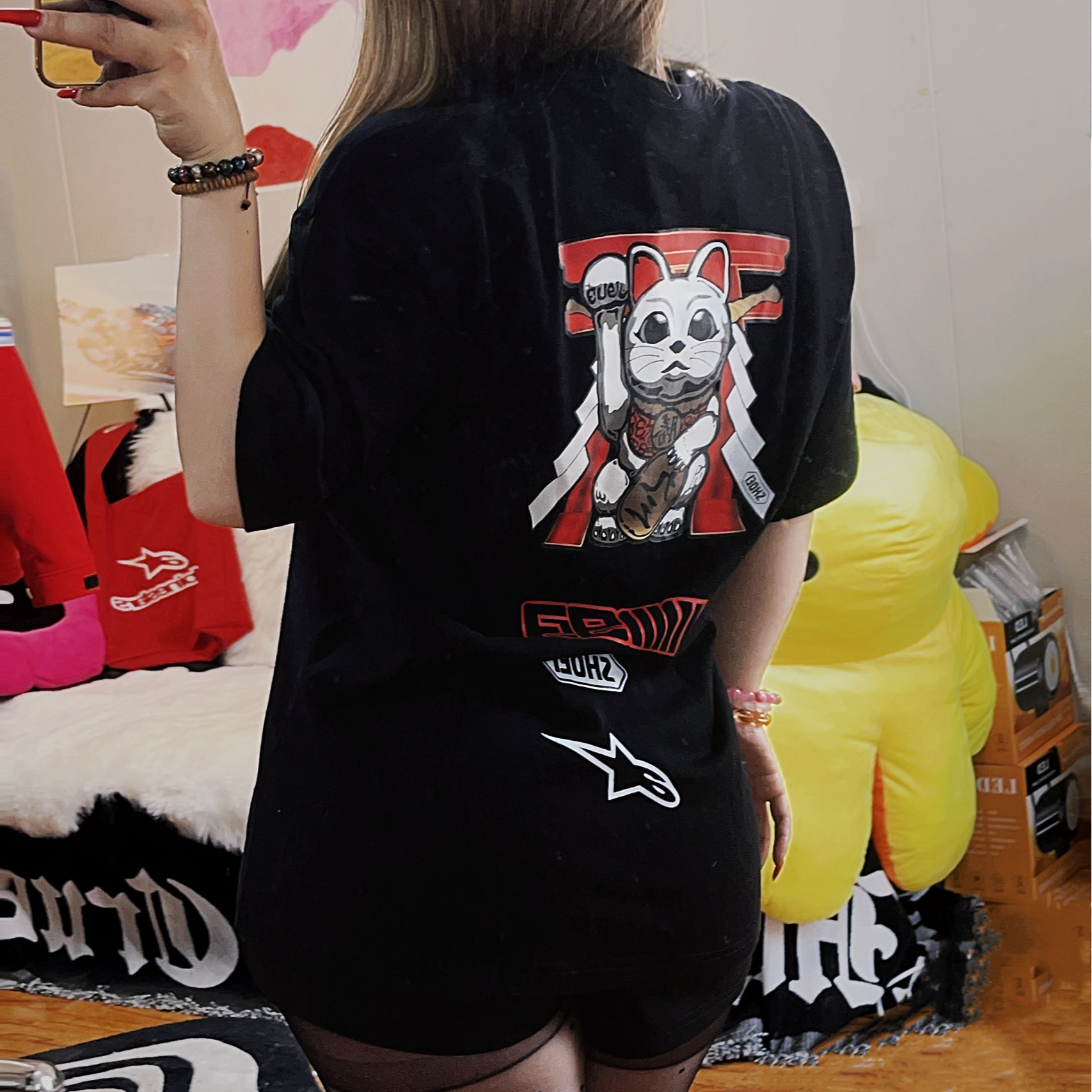 shoei招财猫款a星联名logo纯棉T恤机车短袖摩托车骑行T恤赛车服夏