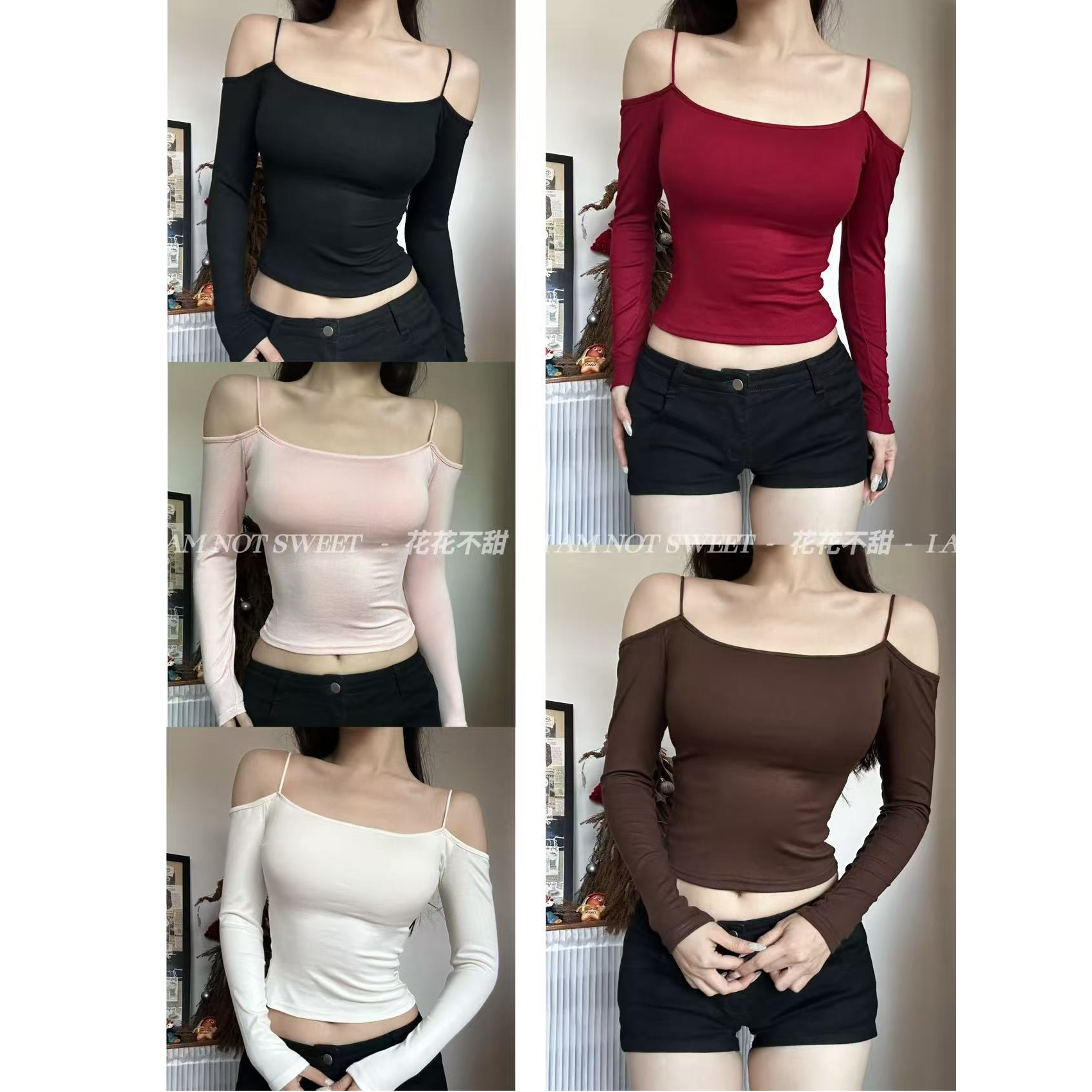 【花花不甜】美丽天鹅颈 吊带一字肩自带胸垫多色短上衣打底T恤