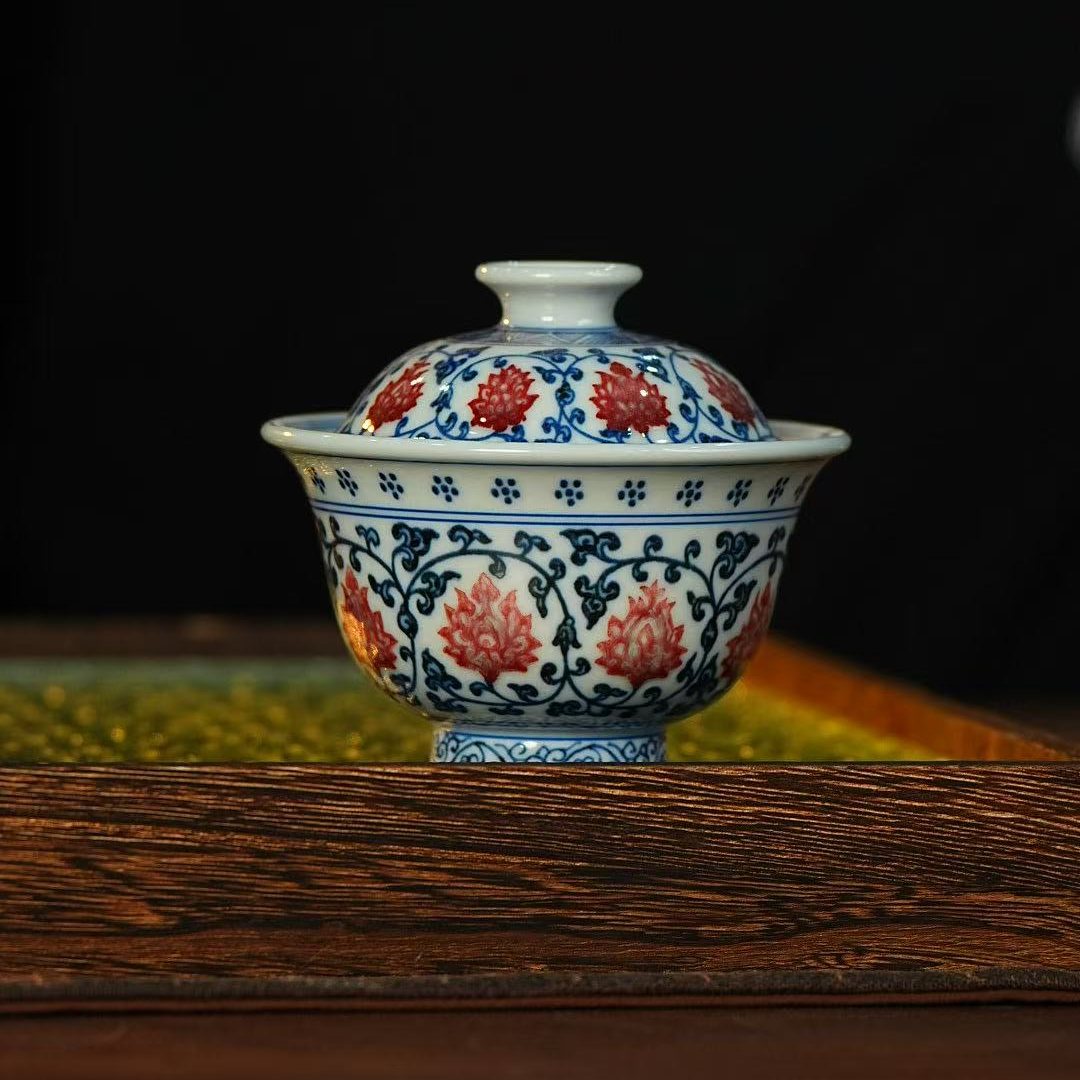 【央广甄瓷】逸古堂   青花釉里红盖碗140ml