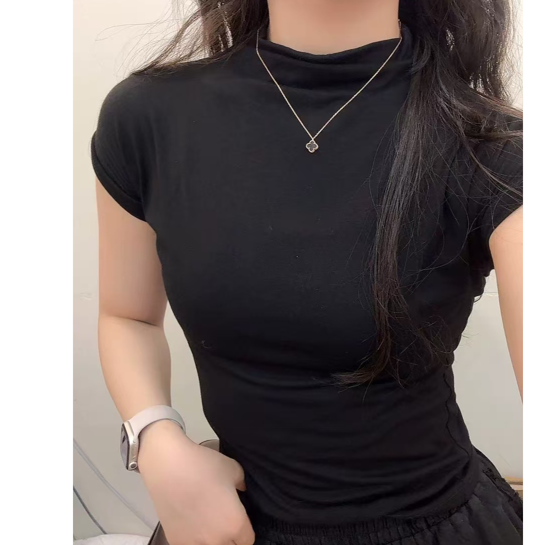 夏季半高领短袖打底衫女内搭薄款修身感可可衫