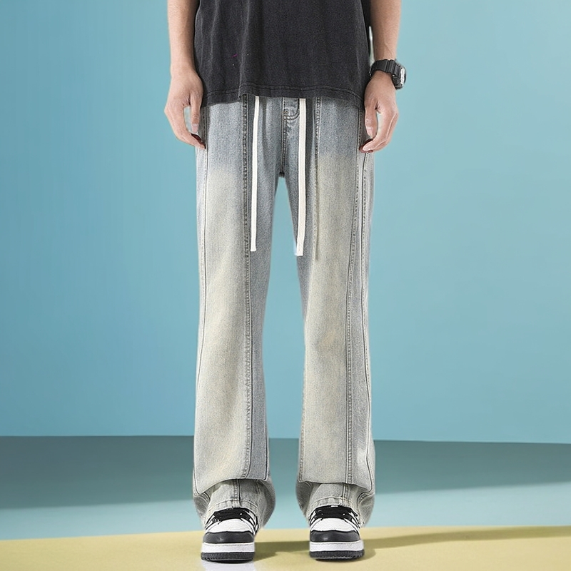 MA黄泥拼接牛仔裤男抽绳百搭微喇长裤休闲男生男士男装男生牛仔裤