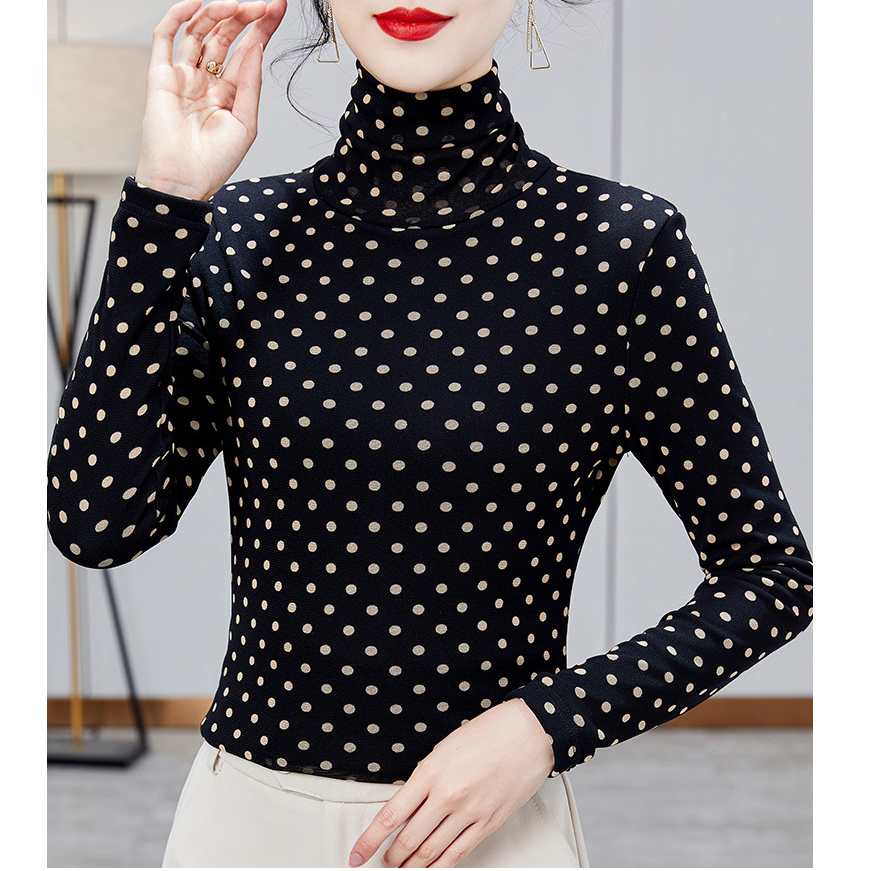 W8362高领打底衫女加绒加厚秋冬内搭t恤时尚印花波点小衫