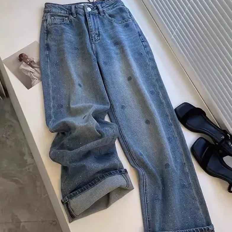 （陶总福利）阔腿裤蓝色宽松玫瑰刺绣直筒裤  36