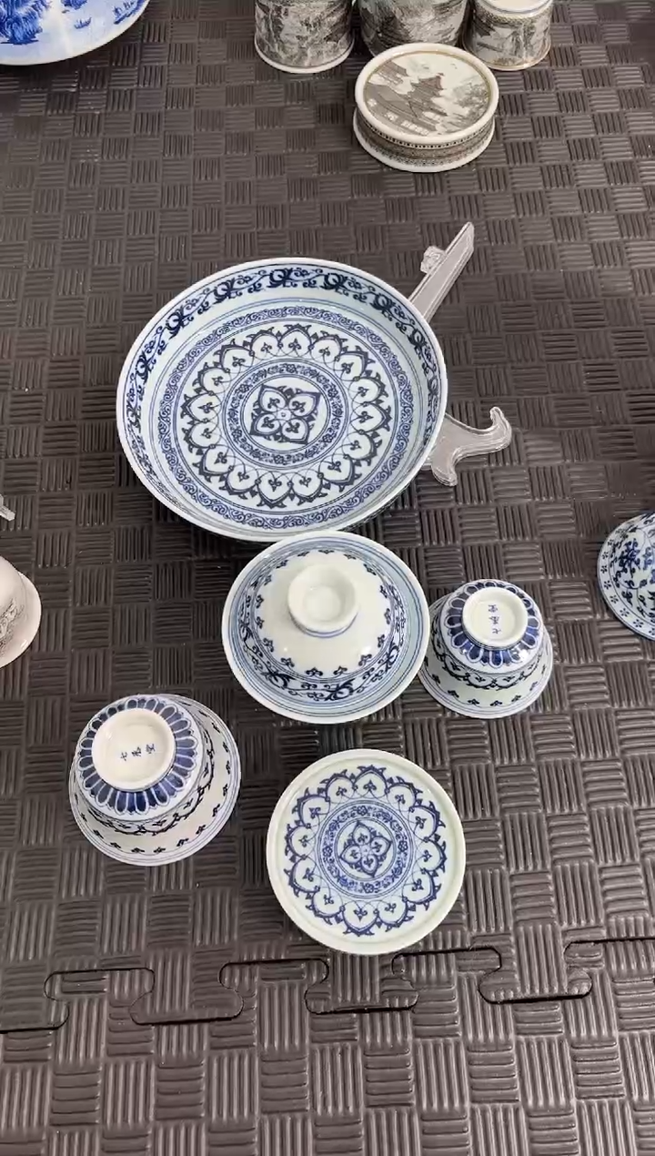 盖碗瓷叾*景德镇陶瓷茶具青花新宝相套组