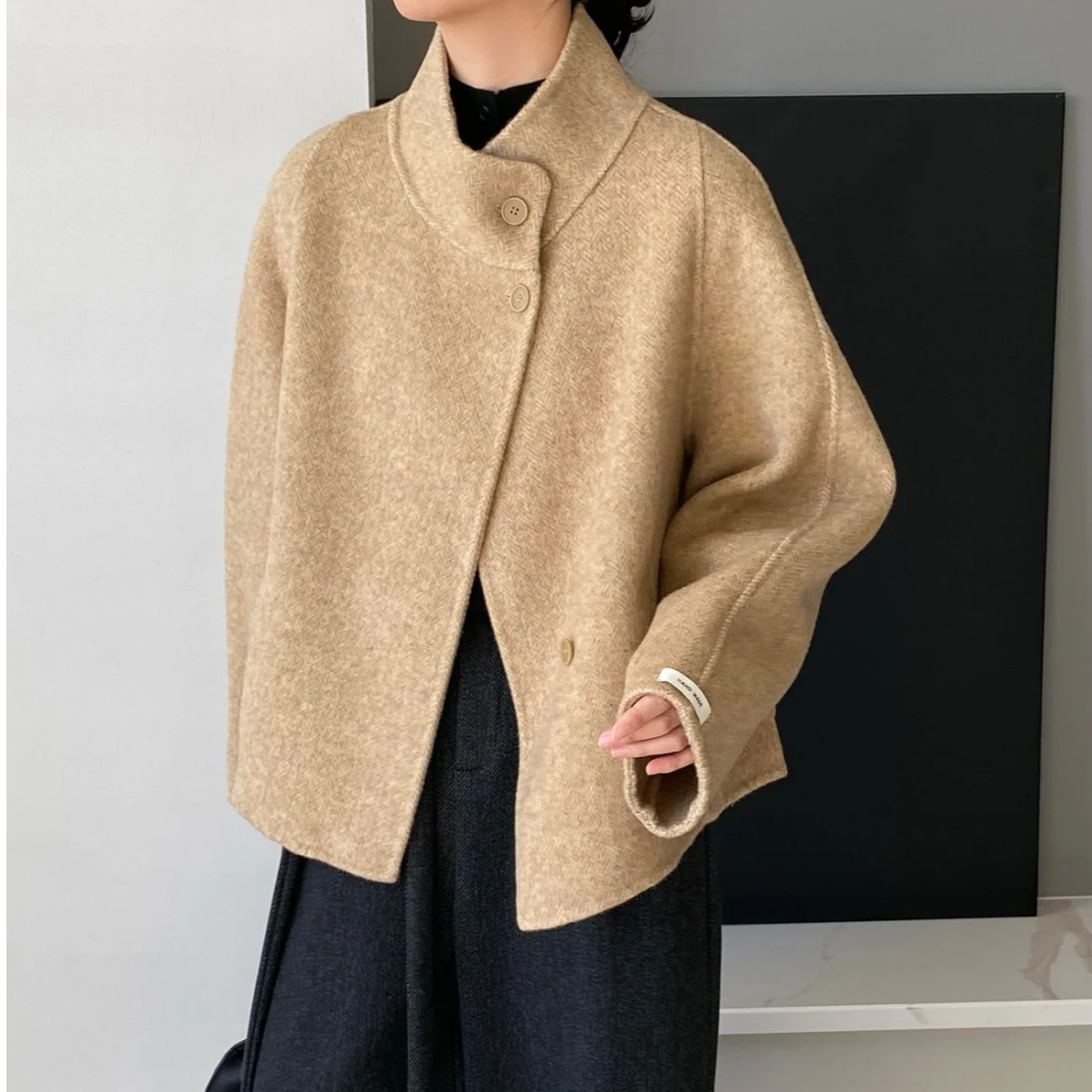 女士立领休闲风短款双面毛呢外套时尚秋冬韩版百搭气质上衣