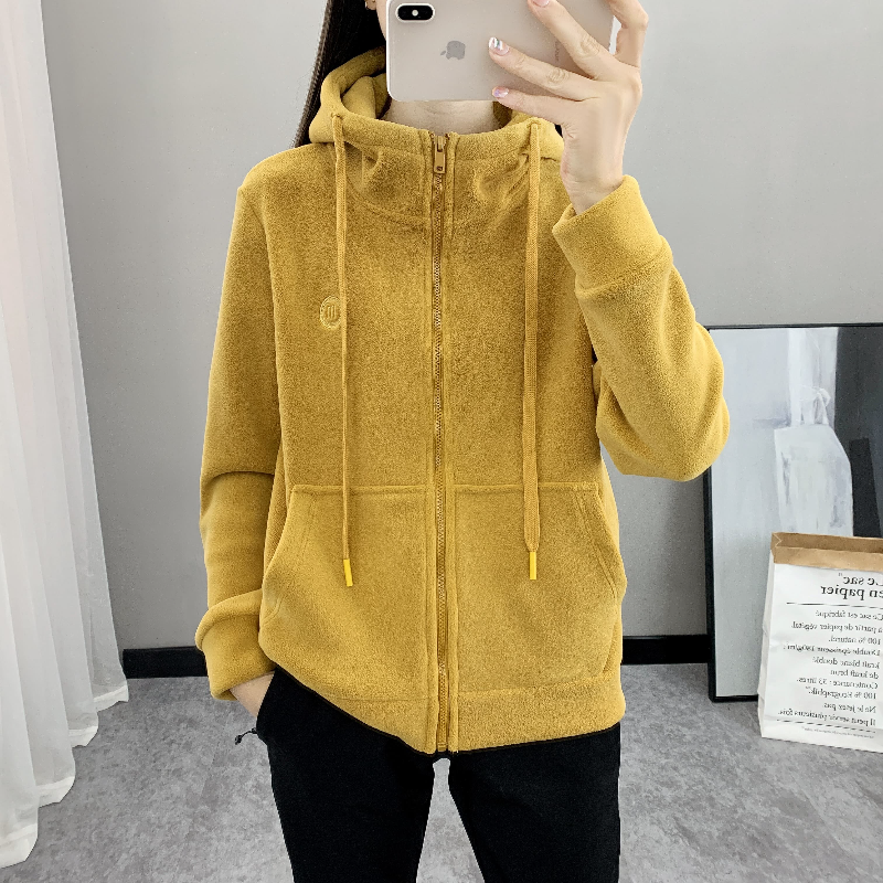 68083秋冬女款抓绒衣手摇绒保暖加厚连帽开衫户外弹力加绒外套