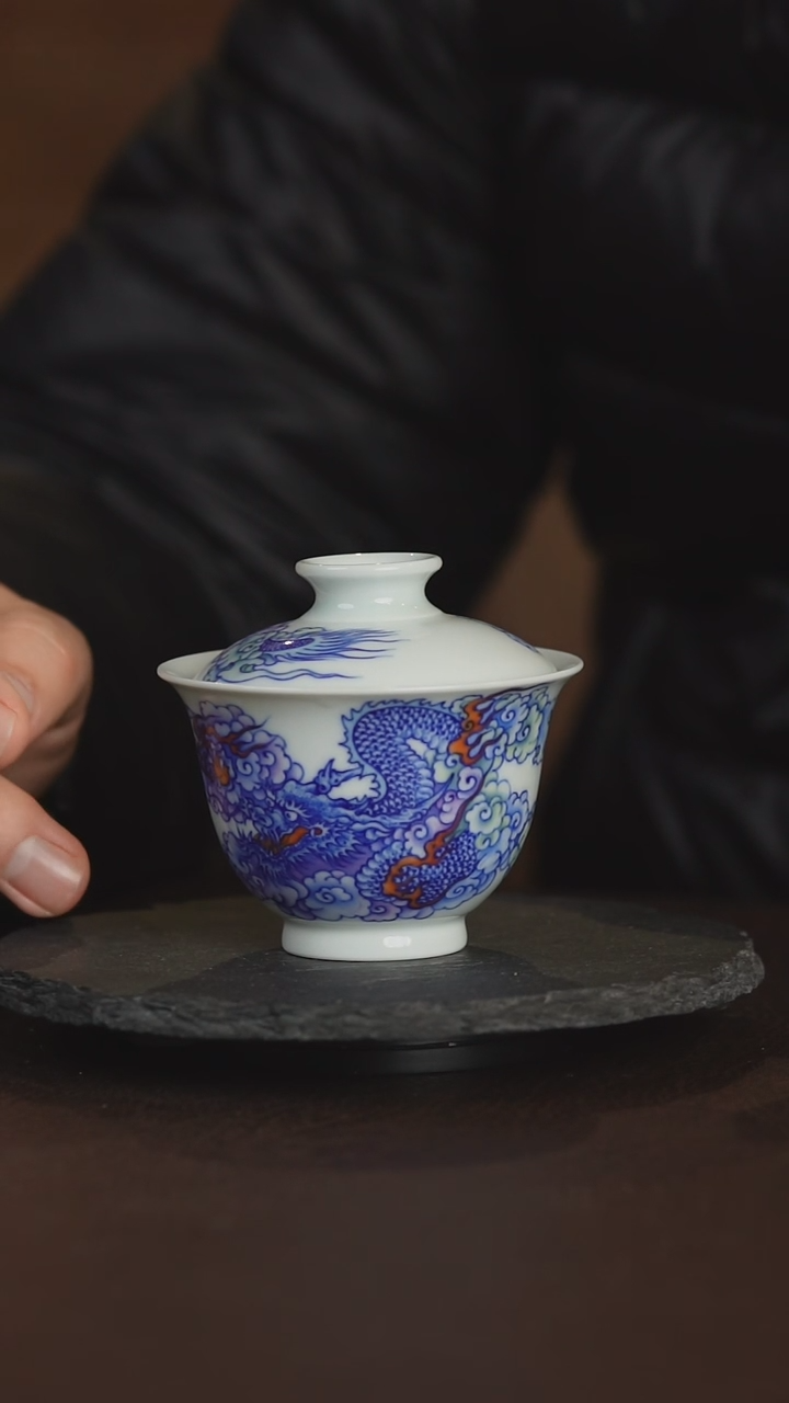 【闪购商品】景德镇手工青花陶瓷龙纹二才盖碗